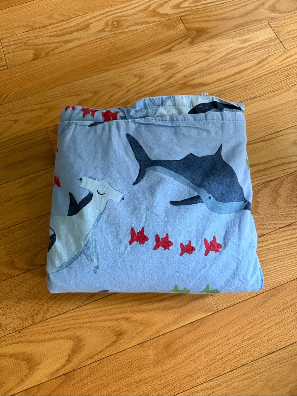 Pottery Barn Kids Shark Bite duvet cover featuring blue sharks organic cotton